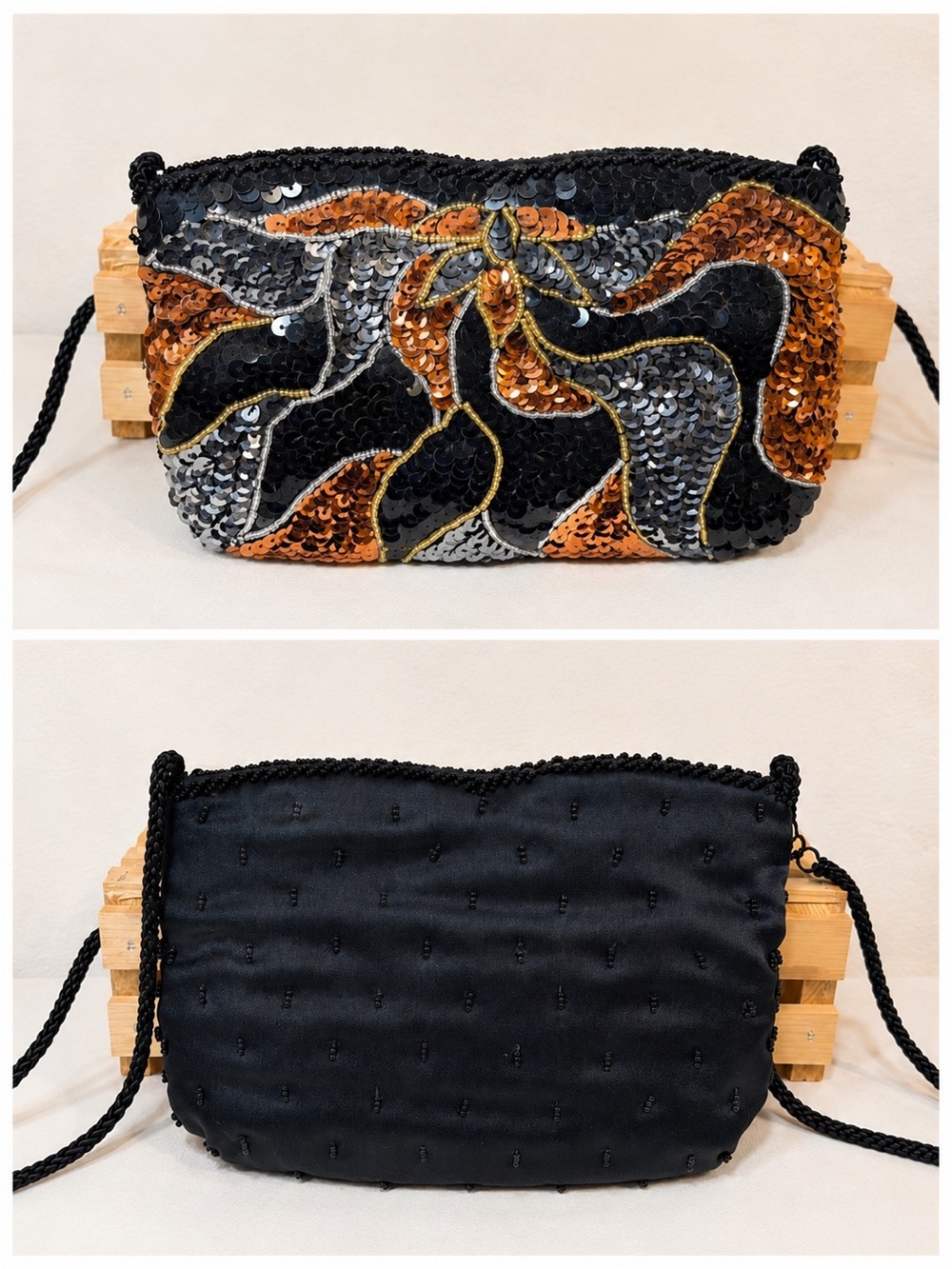 Black Silver Copper Sequin Evening Clutch Handbag | 19” Strap | Like New